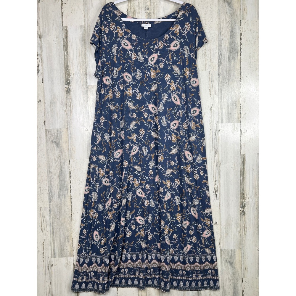 J. Jill Maxi Dress XL Blue Floral Paisley Boho Slub Knit Short Sleeve A-Line